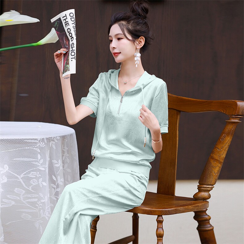时尚套装女夏2025新款韩版提花冰丝宽松显瘦洋气减龄连帽两件套潮,女装套装/套裙,梦依杭