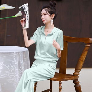 时尚套装女夏2025新款韩版提花冰丝宽松显瘦洋气减龄连帽两件套潮图片