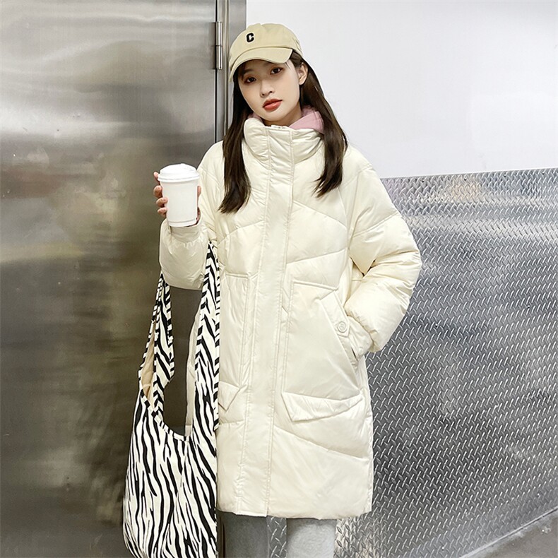 2021年新款羽绒服女中长款宽松显瘦立领白鸭绒纯色冬装外套女图片