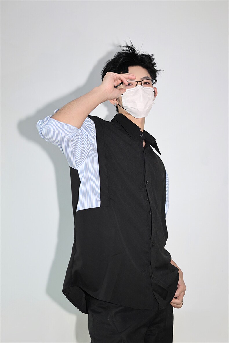 明星私服假两件宽松拼接飞肩设计感假两件条纹短袖衬衫卫衣特P39,男装卫衣,电商B319