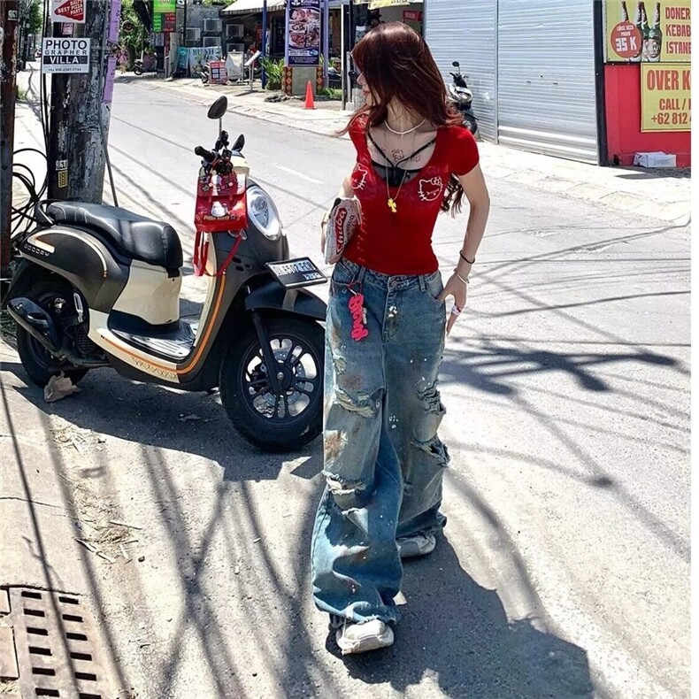 美式高街泥染做旧破洞牛仔裤男女泼墨慵懒拖地宽松阔腿裤潮,男装牛仔裤,星座1018A