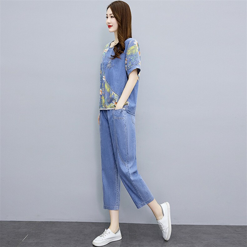 天丝牛仔套装女2024夏新款漂亮上衣宽松显瘦时尚九分裤薄款两件套,女装套装/套裙,魅影