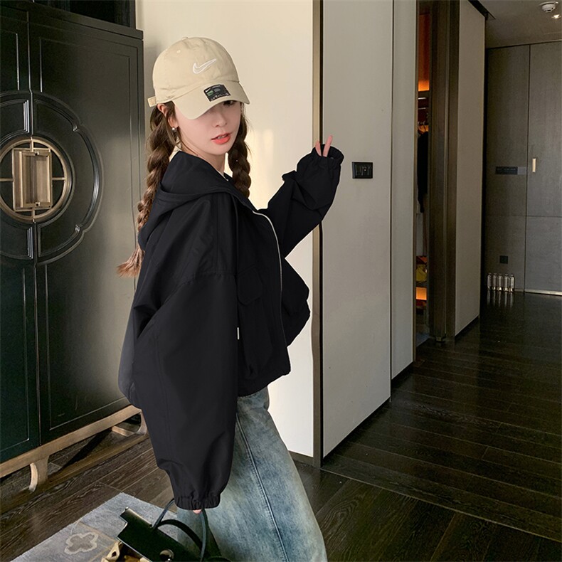 设计感连帽短款工装外套女2025春秋季新款宽松显瘦冲锋衣夹克上衣,女装短外套,2C098