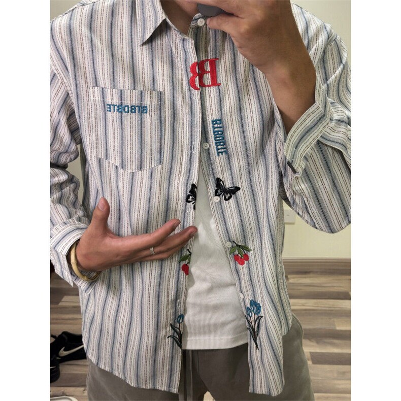 美式复古条纹衬衫男女2025新款刺绣慵懒风设计感宽松休闲外套潮,男装衬衫,星座601-2