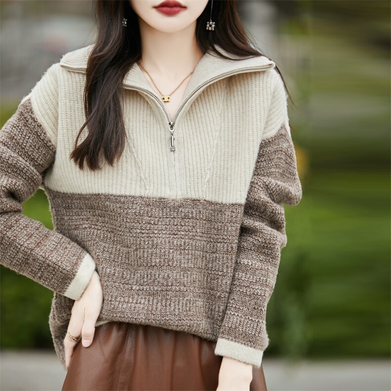 秋冬季羊毛加厚慵懒拼色半拉链时尚羊毛衫，女装羊毛衫，忠诺羊绒