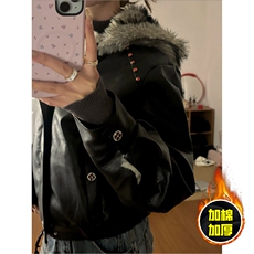 现货冬季美式潮牌痞帅PU皮机车服棉衣毛毛绒狼王座山雕皮棉服，男装棉衣，电商A486