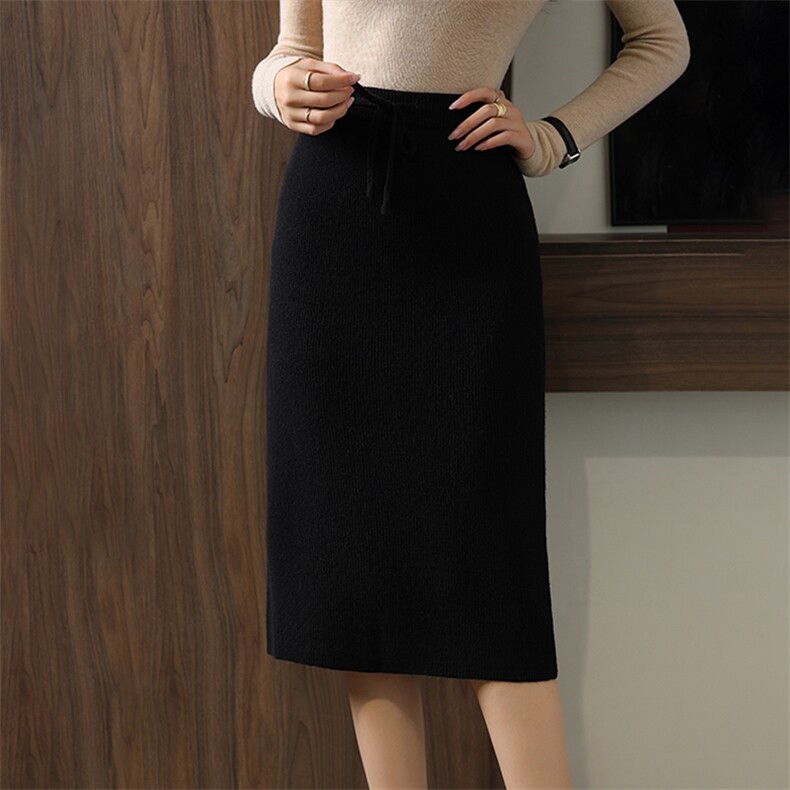 2025秋冬新款羊绒裙女100纯山羊绒针织裙松紧系带休闲通勤羊绒裙，女装半身裙，举月羊绒
