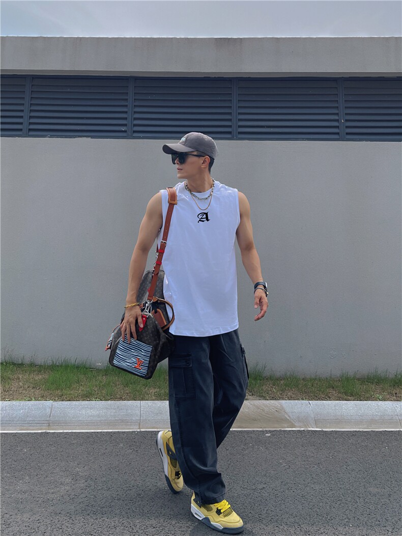 美式复古背心健身显肌肉无袖t恤纯棉重磅小领口坎肩运动汗衫,男装T恤,星座310A-4