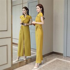 2023年夏季连体裤时尚V领短袖纯色简约气质百搭收腰，女装休闲裤，贵人树