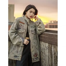 美式复古刺绣牛仔外套女春秋2025新款宽松休闲vintage立领机车服，男装工装外套，星座1210-1