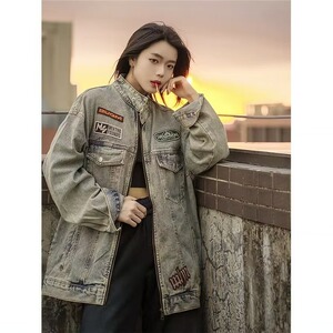 美式复古刺绣牛仔外套女春秋2025新款宽松休闲vintage立领机车服图片