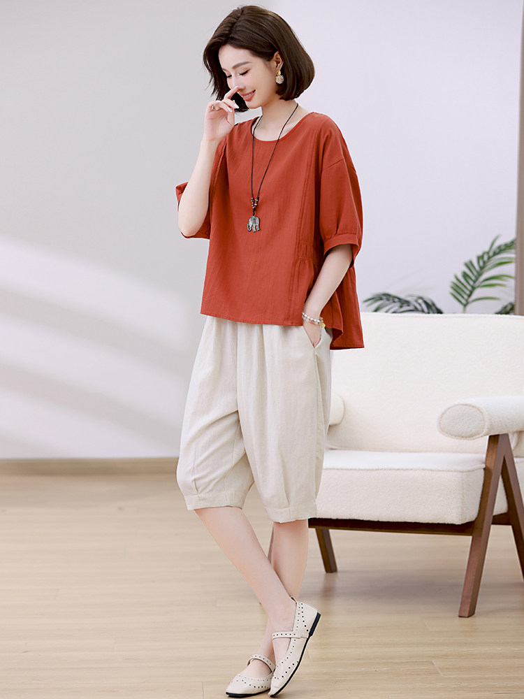 棉麻套装女2025夏装新款时尚宽松休闲大码显瘦中年妈妈减龄两件套,女装套装/套裙,忆绮罗
