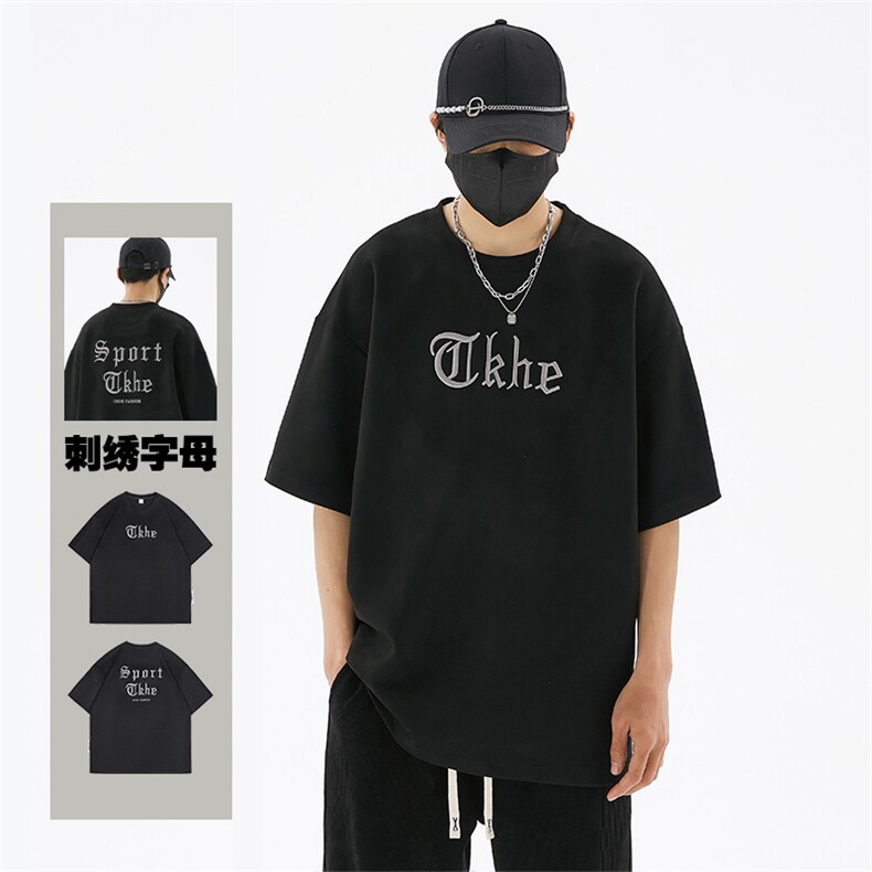 T2311-P32240克麂皮绒短袖T恤大码宽松重磅刺绣男T图片