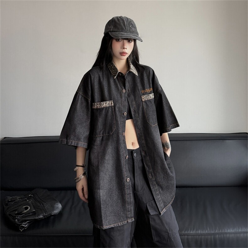 美式高街潮牌时尚高质量短袖衬衫男女复古豹纹拼接衬衣JK1187-P58图片