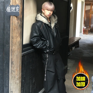 现货冬季美式潮牌痞帅PU皮机车服棉衣毛毛绒狼王座山雕皮棉服图片
