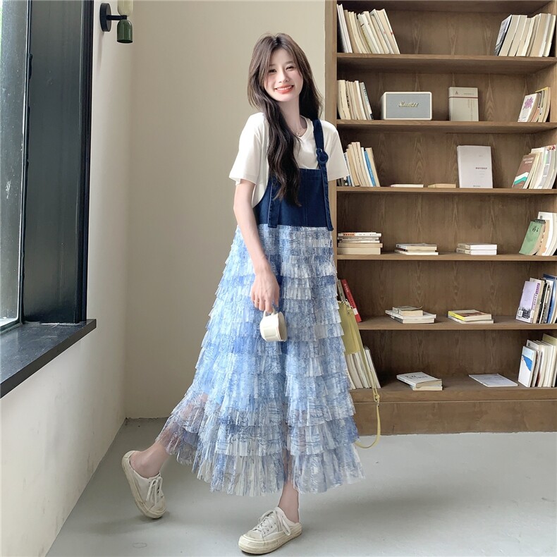 网纱拼接蛋糕牛仔背带连衣裙套装女夏2025新款气质感独特漂亮裙子,女装套装/套裙,2C115