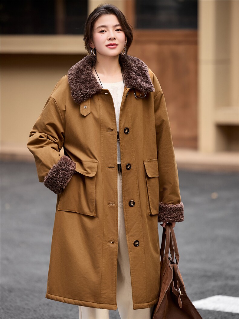 2025年冬季长款大码宽松羊羔毛风衣外套加厚棉服棉大衣,女装棉衣/棉服,简韵佳