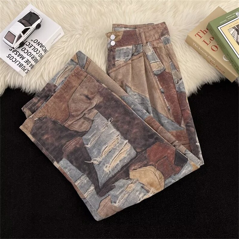 小众复古个性花色牛仔裤男士宽松百搭潮流痞帅阔腿长裤AMQ59P70,男装牛仔裤,星座1013-5