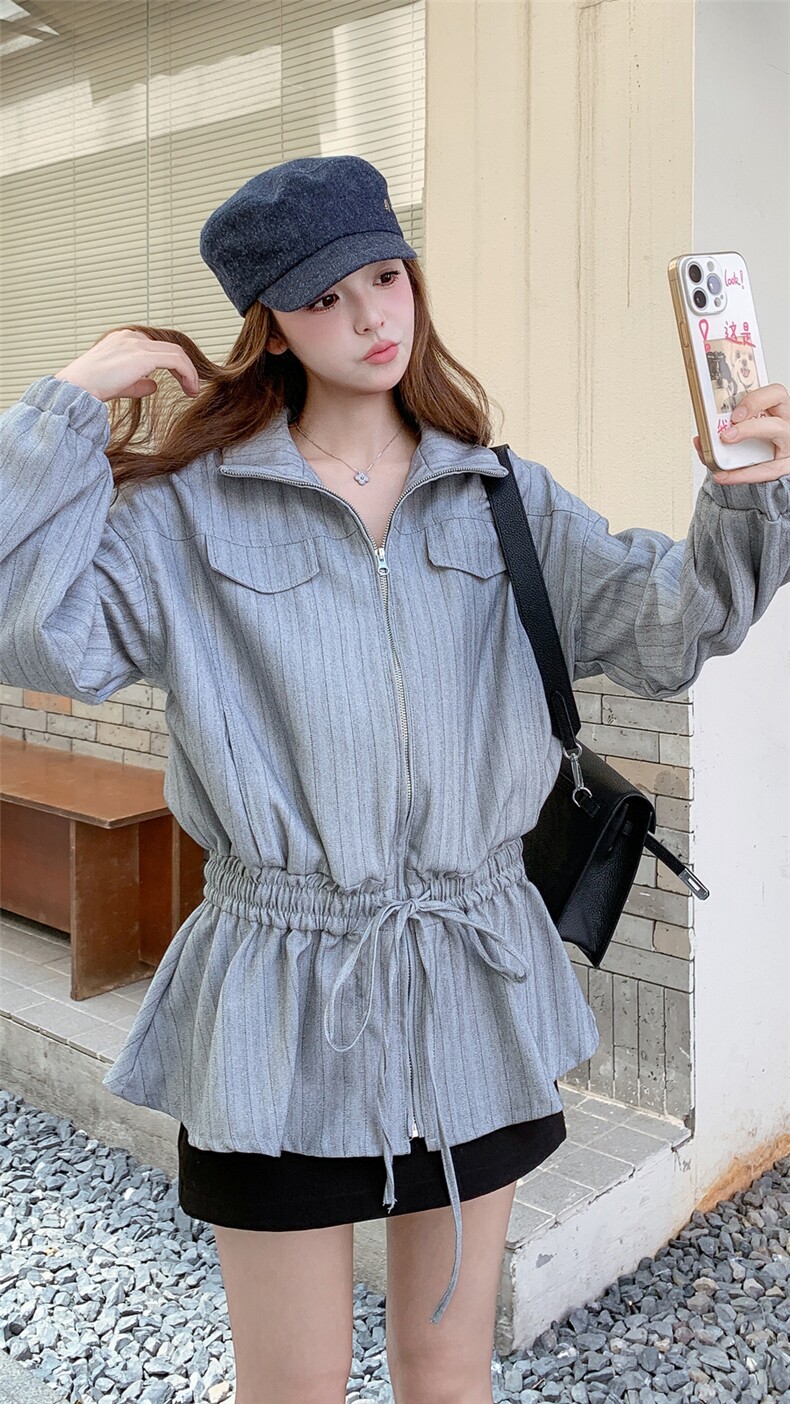 休闲收腰条纹立领外套女春秋2025新款小个子百褶上衣流行爆款漂亮,女装短外套,1C071-1