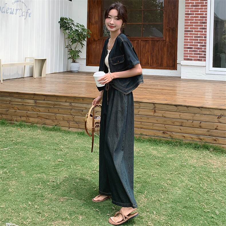 时尚复古牛仔套装女夏季2024新款短外套阔腿裤气质显瘦休闲两件套,女装套装/套裙,浙宝305
