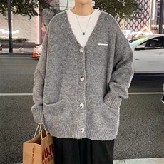 秋冬季新款美式复古休闲灰色慵懒风V领针织男开衫外套MZ283-P53，女装短外套，星座1109-3