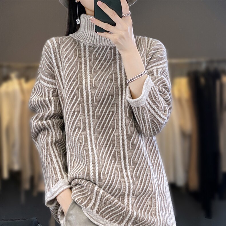 复古高领中长款100%纯羊毛衫女套头宽松拼色慵懒羊绒衫针织衫毛衣,女装羊毛衫,迅太羊绒