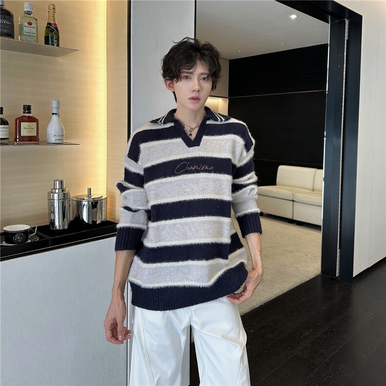 秋冬美式宽松潮牌高街条纹撞色v领针织衫毛衣男潮流宽松MZ912-P58，男装针织衫/毛衣，星座412-3