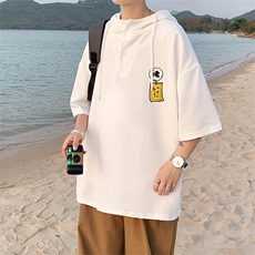 LD54016-P45连帽短袖t恤男大码胖子带帽五分袖中袖，男装T恤，电商A040