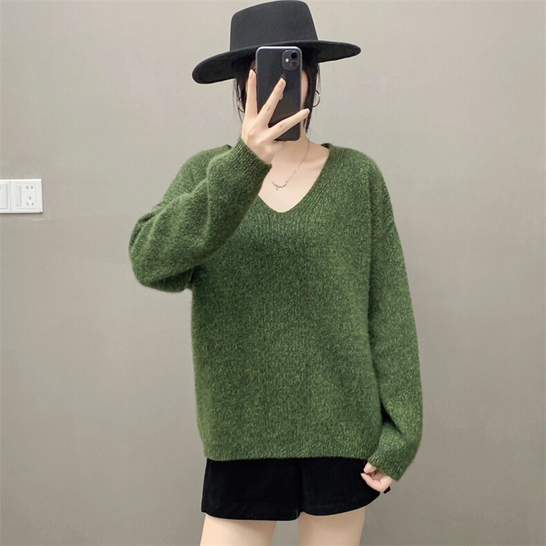 重磅康赛花纱V领羊绒衫女宽松慵懒针织套头毛衣软糯羊毛打底秋冬，女装羊绒衫，织绒羊