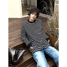 有货。春秋季条纹长袖T恤男女潮牌宽松百搭上衣WB659-P38，男装T恤，星座412-3