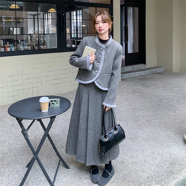 灰色小香风毛呢羽绒套装裙女2025新款冬天搭配一整套时尚御姐轻熟,女装套装/套裙,2C203