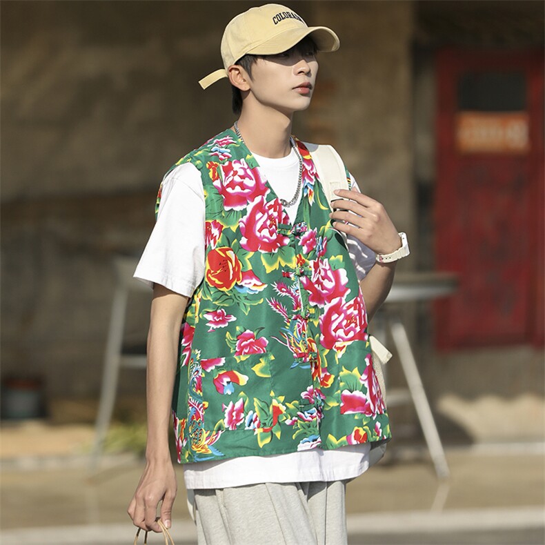 MJ002男女休闲东北大花马甲坎肩工装背心团队服大码风汉服潮图片