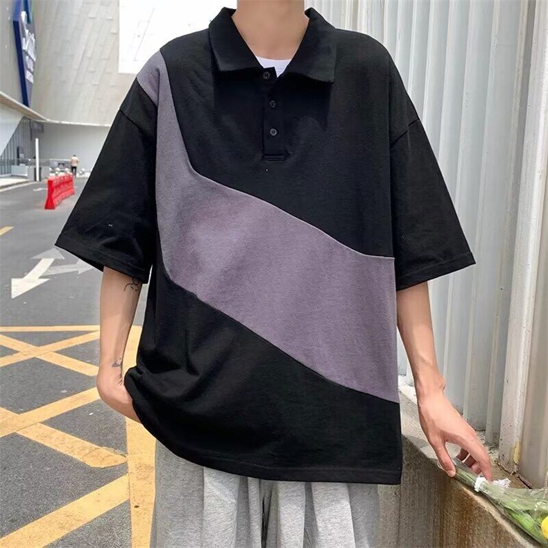 D210-P35短袖POLO衫男夏季2025新款宽松美式复古撞色印花翻领上衣,男装Polo衫,星座603-2