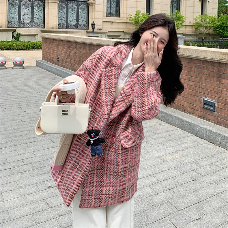 格子淑女宽松毛呢大衣时尚百搭显瘦外套，女装毛呢外套，天使之佳话