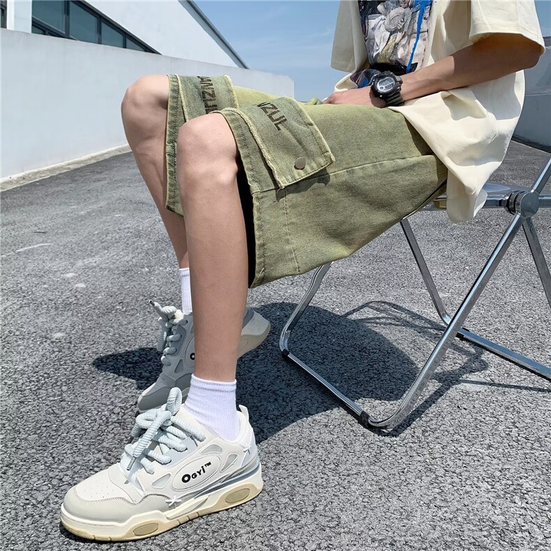 美式复古牛仔短裤男款夏季小众设计感黄泥裤子高街vibe休闲五分裤,男装牛仔裤,星座1013