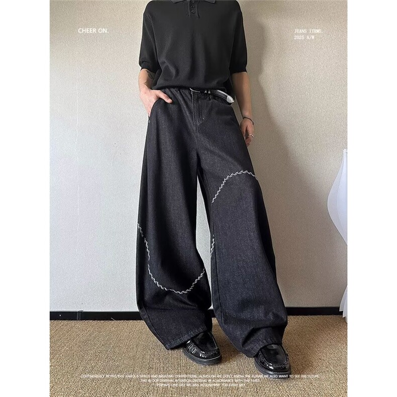 网图现货高街牛仔裤男潮牌复古计感宽松阔腿弯刀裤子RNK102-P65,男装牛仔裤,星座1005-4