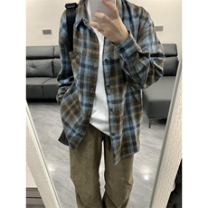 vintage潮牌磨毛格子衬衫男秋季美式高街设计感格纹长袖衬衣外套，男装衬衫，星座1007（原301D）