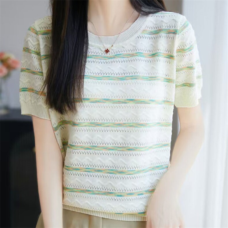 夏季新款简约时尚百搭彩条女士修身显瘦短袖图片