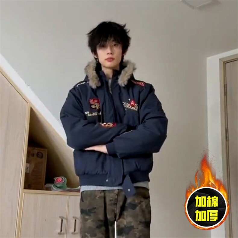 现货高品质美式高街重磅刺绣座山雕大毛毛领棉衣男女加厚棉服外套，男装棉衣，电商A443