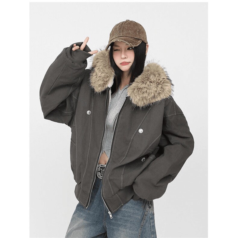 现货重磅boxy短款棉衣座山雕大毛毛领男女棉服水洗工装厚外套,男装棉衣,电商A486
