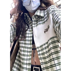 绿白格纹polo领短袖衬衫男女藤蔓刺绣小众中长款上衣CA099，男装T恤，星座1116A（原606A-3）