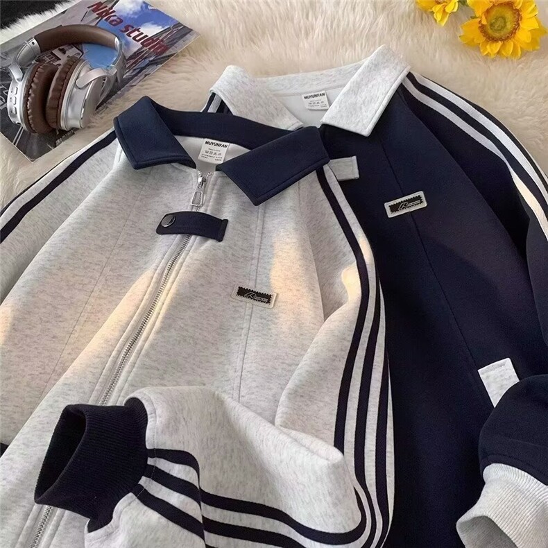美式拼接运动夹克男生秋冬加绒三条杠开衫卫衣潮牌翻领棒球服外套,男装夹克,星座1013-1