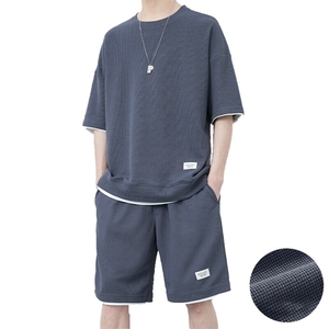网图7536-P55男士夏季华夫格短袖短裤夏款男款休闲大码套装图片