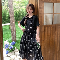 新款现货主推蝴蝶结碎花假二件连衣裙9836-P115-K168，女装连衣裙，2C129