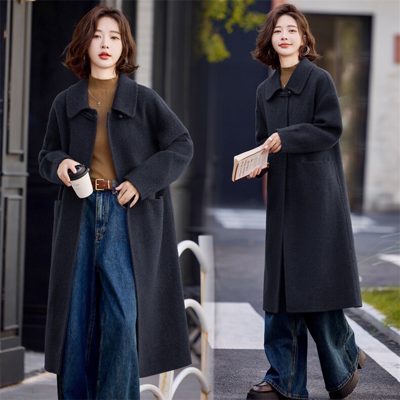 双面羊毛大衣女2025年秋冬新款气质百搭中长款显瘦100%羊毛外套,女装双面呢大衣,小荷流
