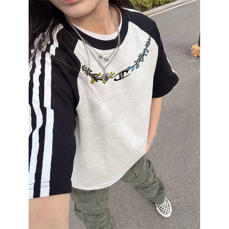 抖音得物品质二开240克宽松纯棉美式潮牌插肩三杠织带短袖T恤图片