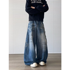 水洗蓝色猫须弯刀牛仔裤男女微喇宽松阔腿拖地镰刀裤N0823-P60，男装牛仔裤，星座308B-2