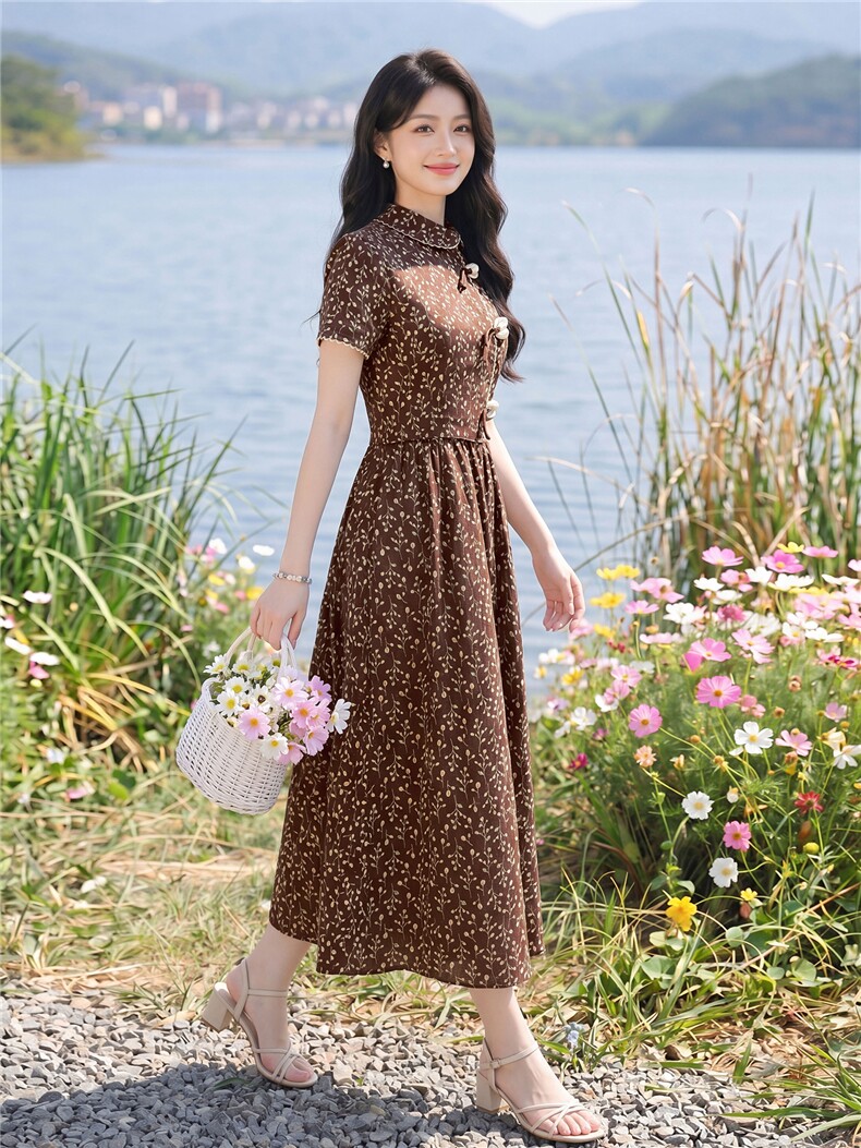 全棉碎花连衣裙夏季新款收腰显瘦田园风优雅裙子,女装连衣裙,水衣源