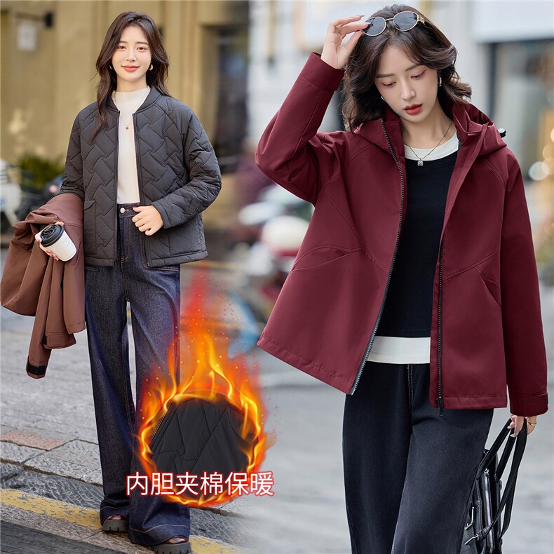 2025年冬季可脱卸两件套休闲连帽短款外套,女装棉衣/棉服,文熹诺