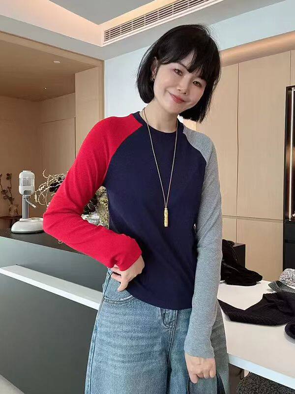 2025年秋季休闲风拼色插肩打底，女装T恤，湘姗